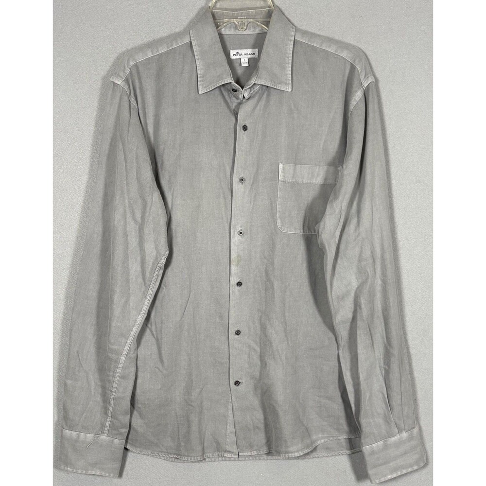 Peter Millar Shirt Mens L Gray Long Sleeve Cotton Button  Up Career Casual Shirt